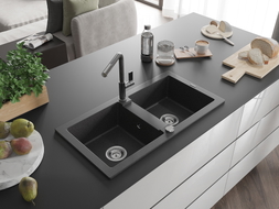 Mexen Mario chiuvetă granitică cu 2 compartimente și baterie de bucătărie Flora, negru cu pete - 6504-76-670401-08