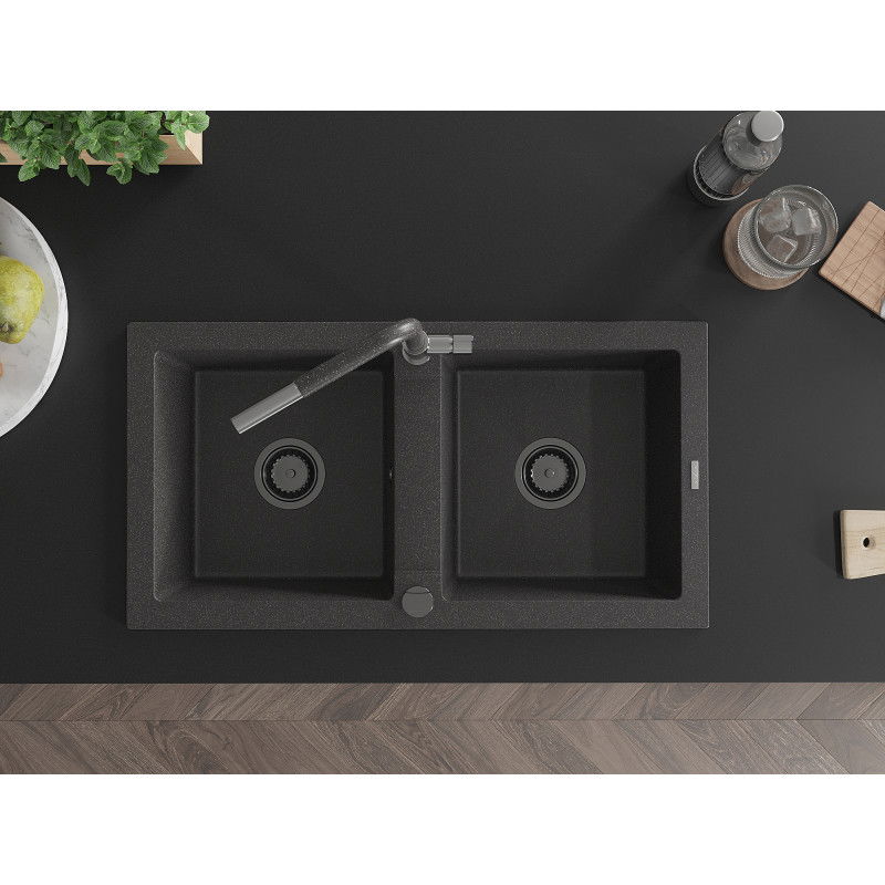 Mexen Mario chiuvetă de granit cu 2 compartimente și baterie de bucătărie Flora, negru pătat - 6504-76-670401-08-B