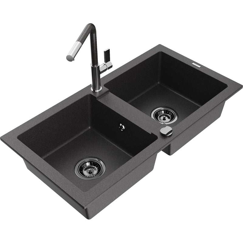 Mexen Mario chiuvetă granit cu 2 compartimente cu baterie de bucătărie Flora, negru cu pete - 6504-76-670401-08-B