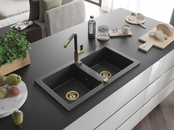 Mexen Mario kétmedencés gránit mosogató Flora konyhai csapteleppel, fekete pöttyös - 6504-76-670401-57-G