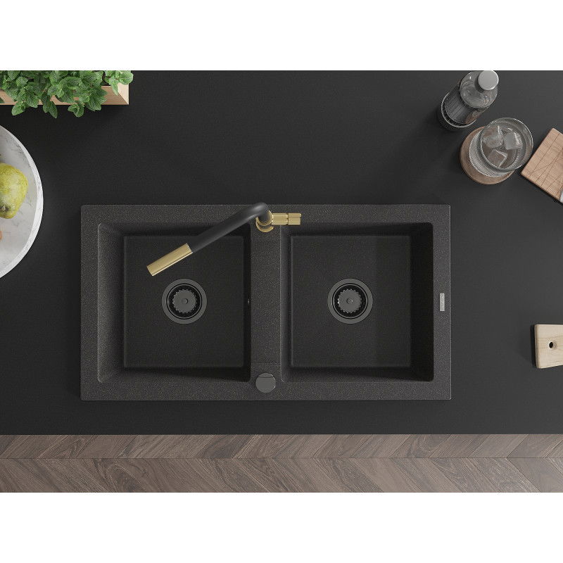 Mexen Mario gránit konyhai kétmedencés mosogató Flora konyhai csappal, fekete pöttyös - 6504-76-670401-57-B
