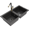 Mexen Mario 2 kamrás gránit mosogató Flora konyhai csapteleppel, fekete pettyes - 6504-76-670401-57-B