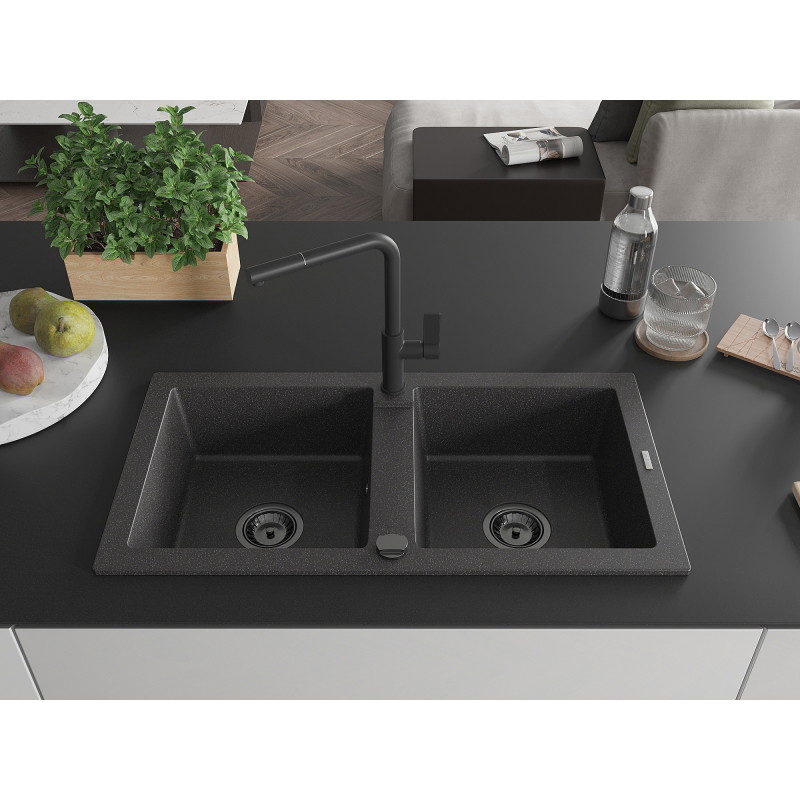 Mexen Mario chiuvetă de granit cu 2 compartimente și baterie de bucătărie Flora, negru pătat - 6504-76-670401-70-B