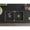 Chiuvetă de bucătărie granitică Mexen Mario cu 2 compartimente și baterie Flora, negru cu pete - 6504-76-670401-75-G