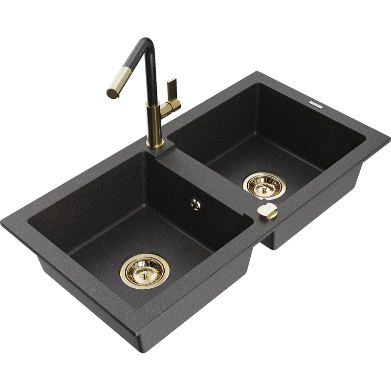 Chiuvetă de bucătărie granitică Mexen Mario cu 2 compartimente și baterie Flora, negru cu pete - 6504-76-670401-75-G