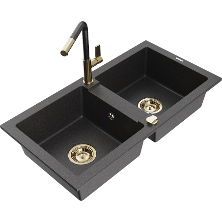 Chiuvetă de bucătărie granitică Mexen Mario cu 2 compartimente și baterie Flora, negru cu pete - 6504-76-670401-75-G