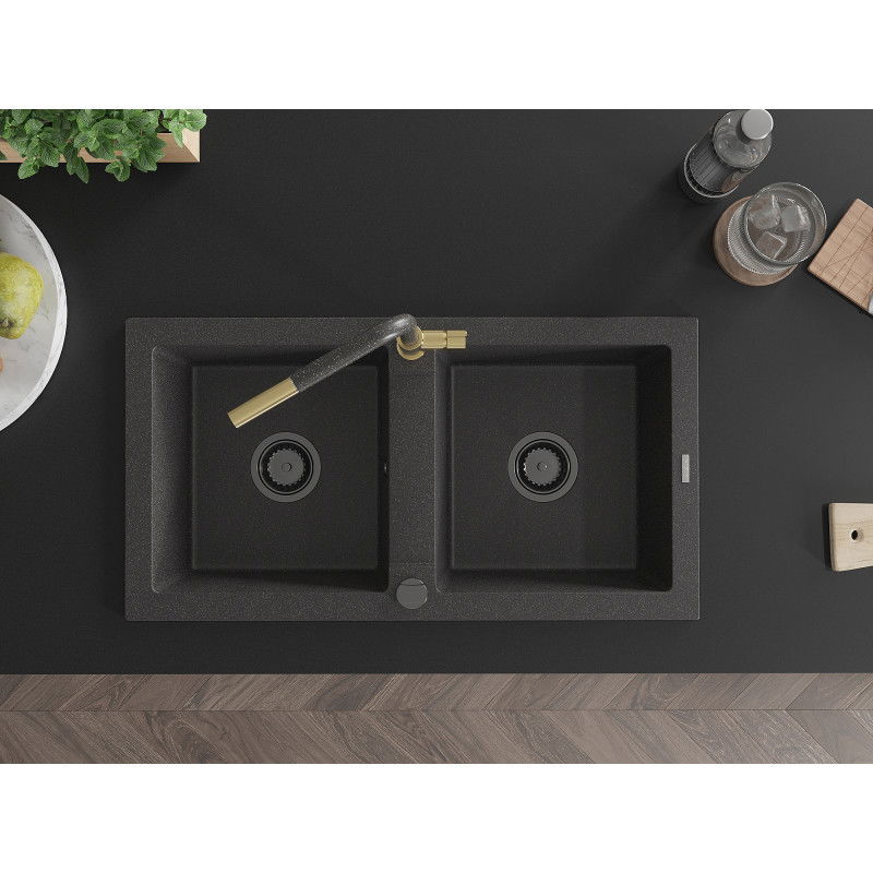 Mexen Mario gránitmosogató 2-medencés konyhai csapteleppel Flora, fekete pöttyös - 6504-76-670401-75-B