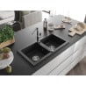 Mexen Mario chiuvetă din granit cu 2 compartimente, cu baterie de bucătărie Flora, negru - 6504-77-670401-00
