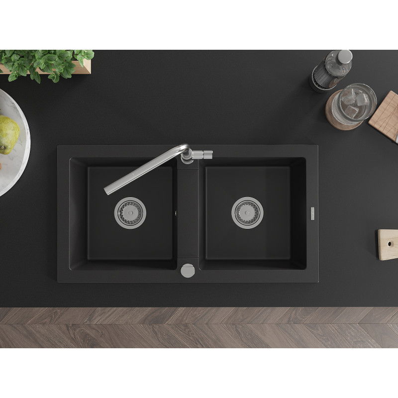 Mexen Mario chiuvetă de granit cu 2 compartimente cu baterie de bucătărie Flora, negru - 6504-77-670401-00