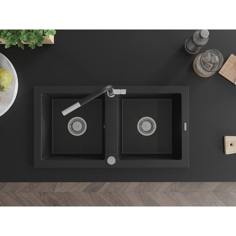 Mexen Mario chiuvetă granit 2-camere cu baterie bucătărie Flora, negru - 6504-77-670401-07