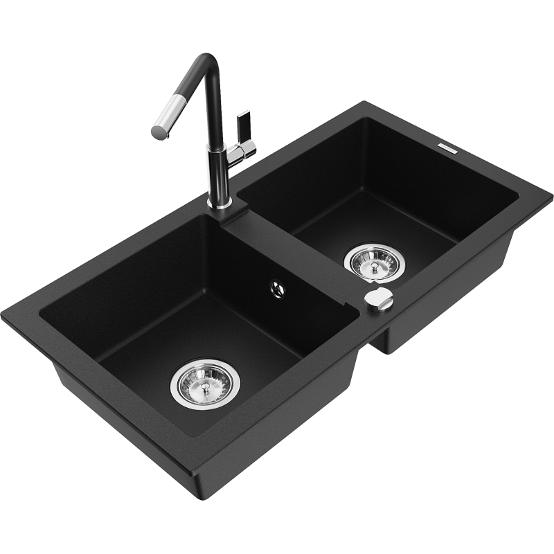 Mexen Mario 2 rekeszes gránit mosogató Flora konyhai csapteleppel, fekete - 6504-77-670401-07