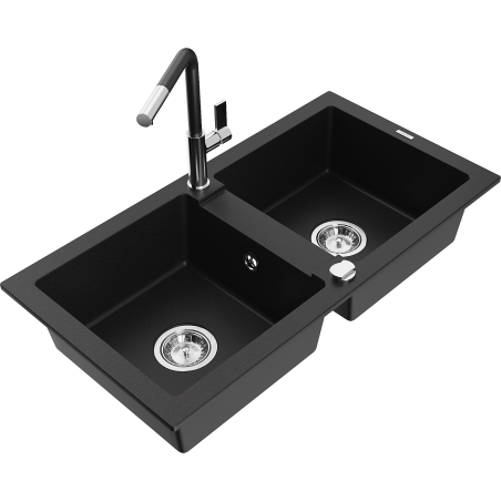 Mexen Mario 2 rekeszes gránit mosogató Flora konyhai csapteleppel, fekete - 6504-77-670401-07