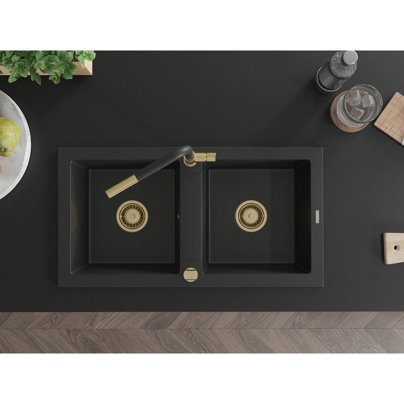 Mexen Mario 2-kamrás gránit mosogató Flora konyhai csapteleppel, fekete - 6504-77-670401-57-G