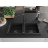 Mexen Mario chiuvetă de bucătărie din granit cu 2 compartimente și baterie Flora, negru - 6504-77-670401-70-B