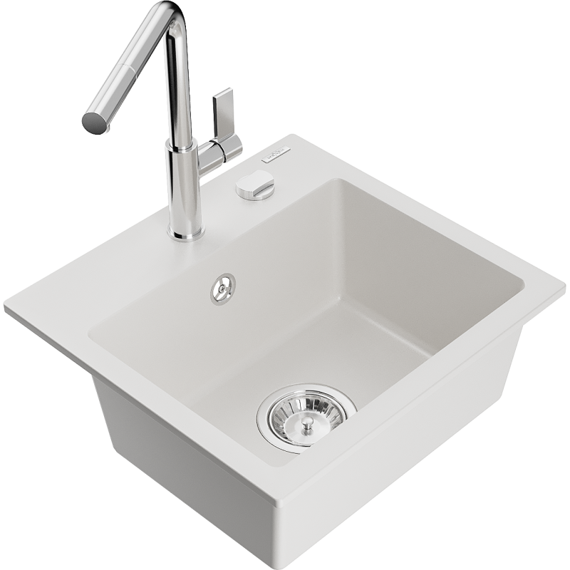 Mexen Milo chiuvetă de bucătărie din granit, cu 1 compartiment și baterie Flora, alb - 6505-20-670401-00