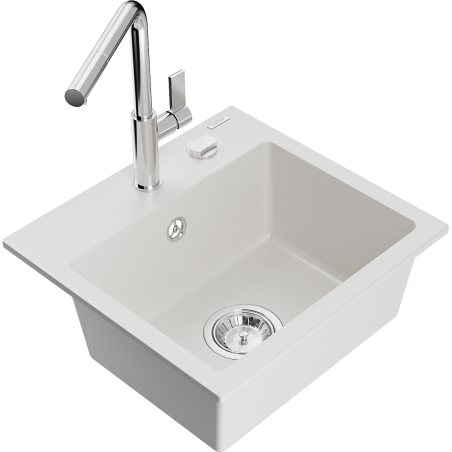 Mexen Milo chiuvetă de bucătărie din granit, cu 1 compartiment și baterie Flora, alb - 6505-20-670401-00