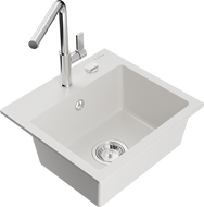 Mexen Milo chiuvetă de bucătărie din granit, cu 1 compartiment și baterie Flora, alb - 6505-20-670401-00