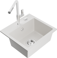 Mexen Milo chiuvetă din granit cu 1 compartiment și baterie de bucătărie Flora, alb - 6505-20-670401-02