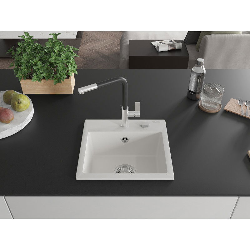 Mexen Milo chiuvetă de granit cu o cuvă cu baterie de bucătărie Flora, alb - 6505-20-670401-07