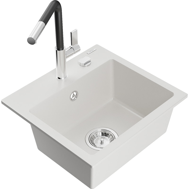 Mexen Milo chiuvetă de granit cu 1 cameră și robinet de bucătărie Flora, alb - 6505-20-670401-07