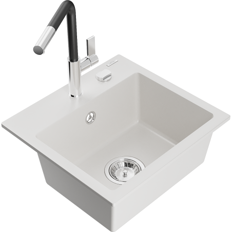 Mexen Milo chiuvetă de granit cu o cuvă cu baterie de bucătărie Flora, alb - 6505-20-670401-07