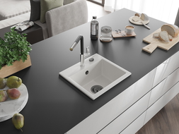 Mexen Milo chiuvetă de granit cu 1 compartiment și baterie de bucătărie Flora, alb - 6505-20-670401-07-B