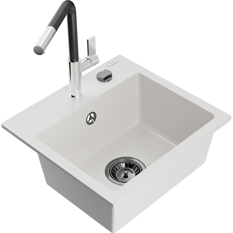 Chiuvetă granit Mexen Milo cu 1 compartiment și baterie de bucătărie Flora, alb - 6505-20-670401-07-B