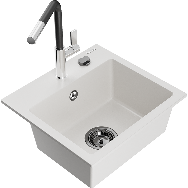 Mexen Milo chiuvetă de granit cu 1 compartiment și baterie de bucătărie Flora, alb - 6505-20-670401-07-B