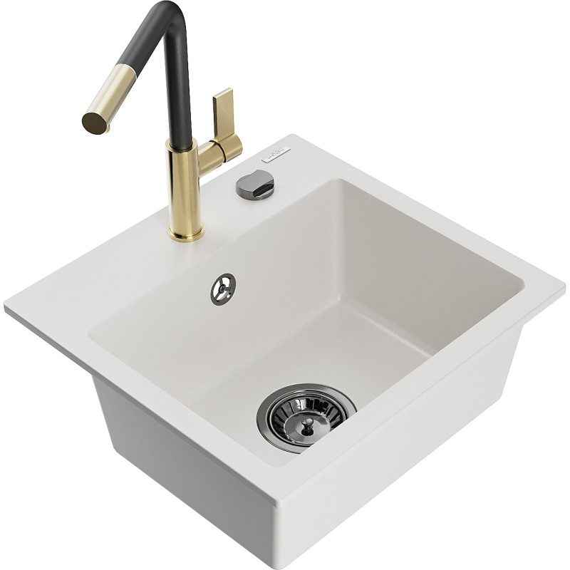 Mexen Milo chiuvetă de bucătărie granit 1-cameră cu baterie Flora, albă - 6505-20-670401-57-B