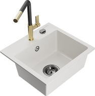 Mexen Milo chiuvetă de bucătărie granit 1-cameră cu baterie Flora, albă - 6505-20-670401-57-B
