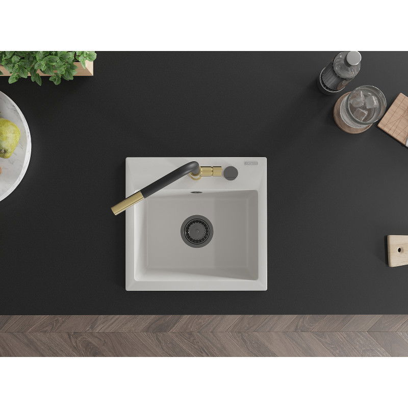 Mexen Milo gránit mosogató egykamrás konyhai csappal Flora, fehér - 6505-20-670401-57-B