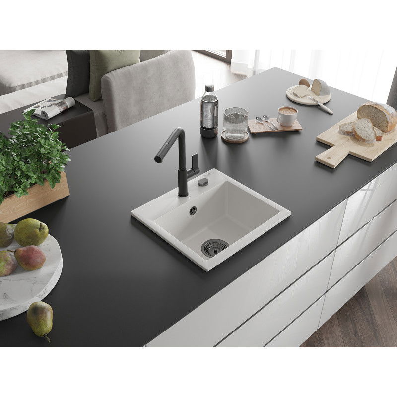Mexen Milo 1-medencés gránit mosogató Flora konyhai csapteleppel, fehér - 6505-20-670401-70-B