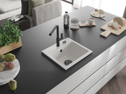 Mexen Milo chiuvetă de granit cu 1 compartiment și baterie de bucătărie Flora, alb - 6505-20-670401-70-B