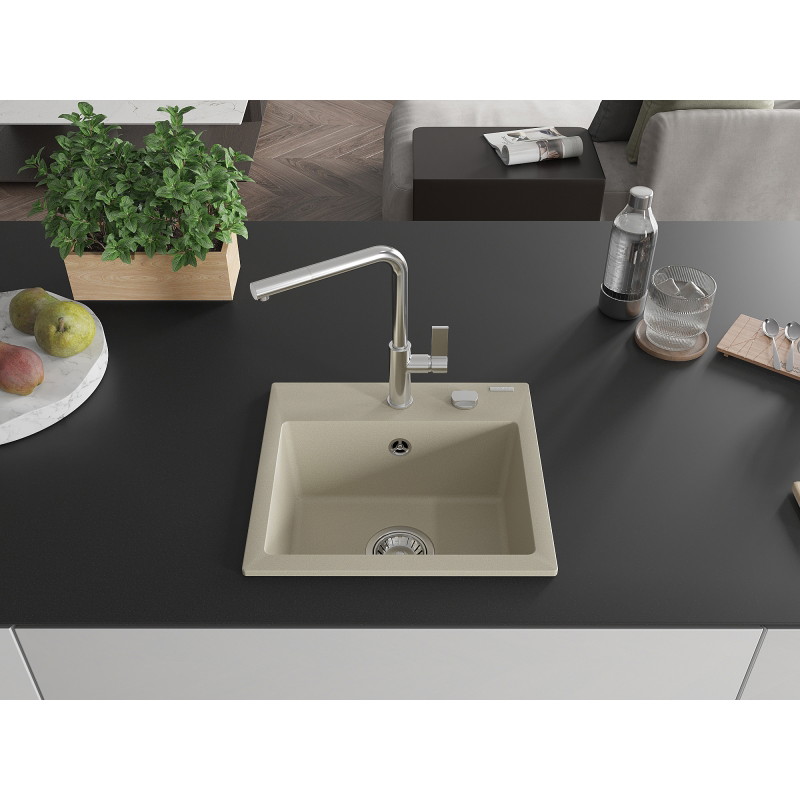 Mexen Milo chiuvetă de granit cu 1 cameră cu baterie de bucătărie Flora, bej - 6505-69-670401-00
