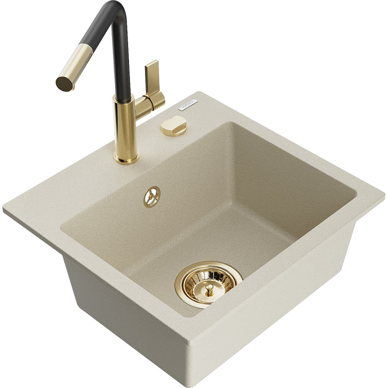 Mexen Milo chiuvetă de granit cu 1 cuvă cu baterie de bucătărie Flora, bej - 6505-69-670401-57-G