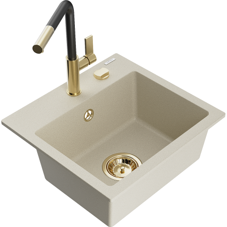 Mexen Milo chiuvetă de granit cu 1 cuvă cu baterie de bucătărie Flora, bej - 6505-69-670401-57-G