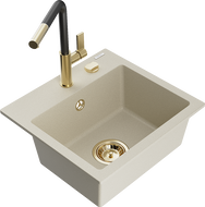 Mexen Milo chiuvetă de granit cu 1 cuvă și baterie de bucătărie Flora, bej - 6505-69-670401-57-G
