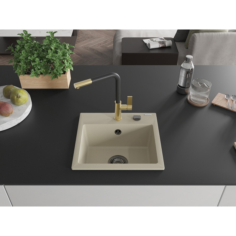 Mexen Milo chiuvetă de granit cu 1 compartiment cu baterie de bucătărie Flora, bej - 6505-69-670401-57-B