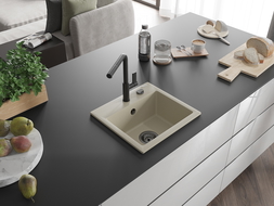 Mexen Milo chiuvetă de bucătărie din granit cu 1 compartiment și baterie Flora, bej - 6505-69-670401-70-B