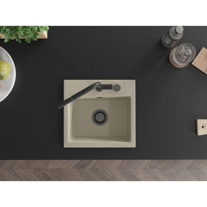 Mexen Milo 1-medencés gránit mosogató Flora konyhai csapteleppel, bézs - 6505-69-670401-70-B