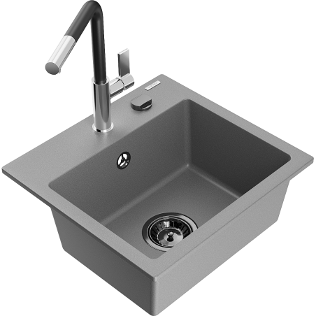 Mexen Milo chiuvetă de granit cu 1 cameră și baterie de bucătărie Flora, gri - 6505-71-670401-07-B