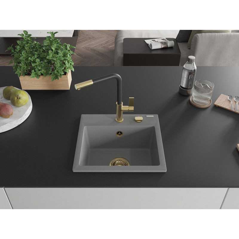 Mexen Milo chiuvetă din granit cu 1 compartiment cu baterie Flora, gri - 6505-71-670401-57-G