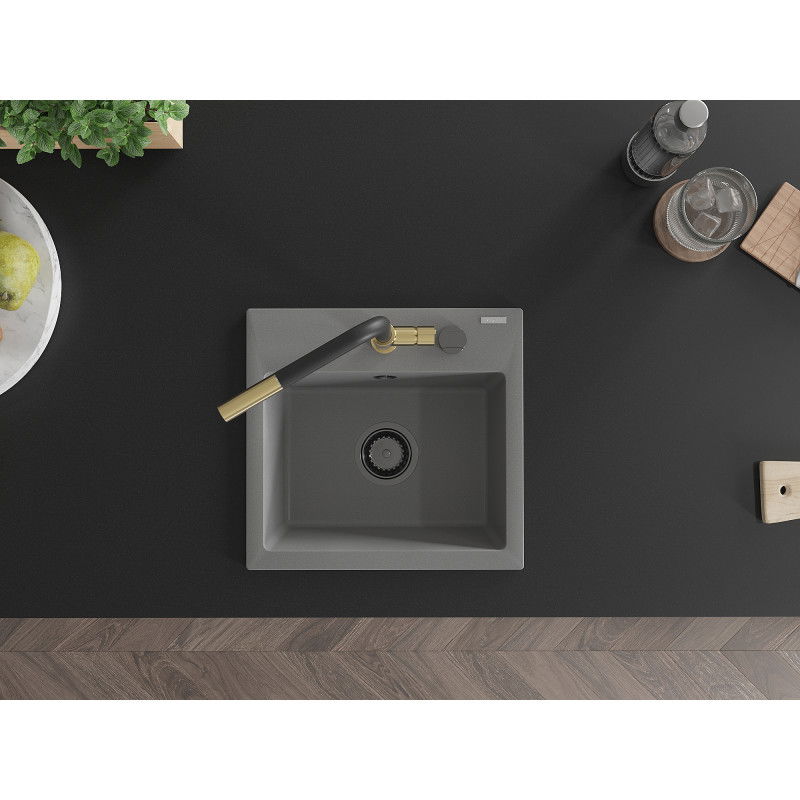 Mexen Milo egymedencés gránit mosogató Flora konyhai csapteleppel, szürke - 6505-71-670401-57-B