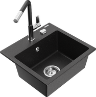 Mexen Milo 1-kamrás gránit mosogató Flora konyhai csapteleppel, fekete/ezüst metál - 6505-73-670401-07