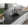 Mexen Milo chiuvetă de bucătărie din granit cu 1 compartiment și baterie Flora, negru/argintiu metalic - 6505-73-670401-70-B