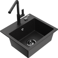 Mexen Milo chiuvetă de bucătărie din granit cu 1 compartiment și baterie Flora, negru/argintiu metalic - 6505-73-670401-70-B