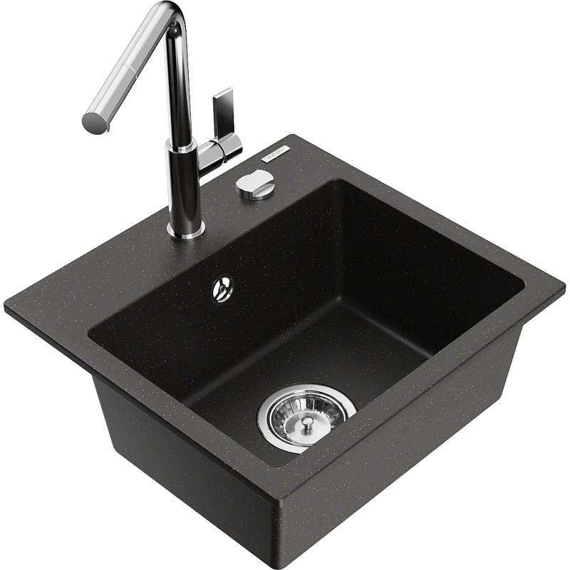 Mexen Milo chiuvetă de bucătărie granit cu 1 compartiment cu baterie Flora, negru/auriu metalic - 6505-75-670401-00
