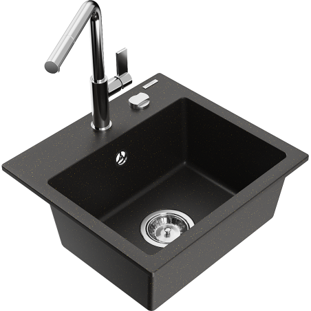 Mexen Milo chiuvetă de bucătărie granit cu 1 compartiment cu baterie Flora, negru/auriu metalic - 6505-75-670401-00