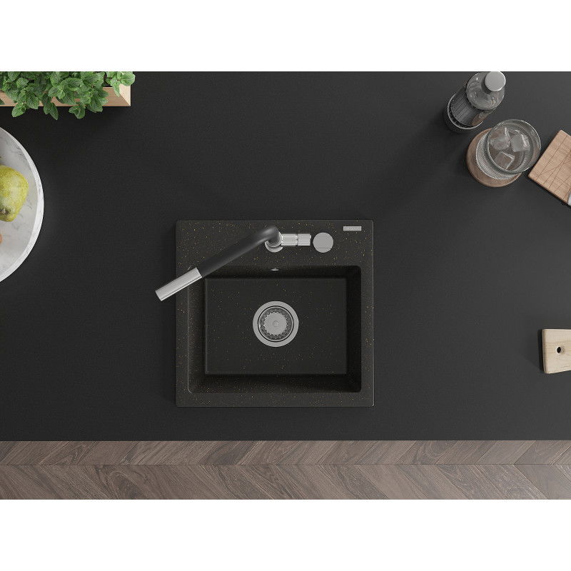 Mexen Milo 1-medencés gránit mosogató Flora konyhai csappal, fekete/arany metál - 6505-75-670401-07
