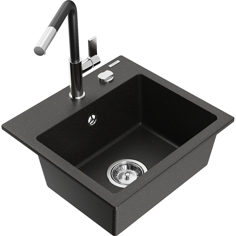 Mexen Milo chiuvetă de bucătărie din granit cu 1 compartiment cu baterie Flora, negru/auriu metalizat - 6505-75-670401-07
